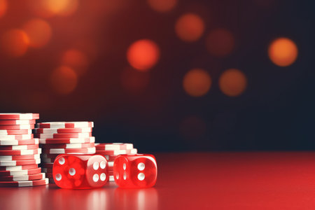 Luck Awaits: Red Dice and Casino Gaming Chips on Dark Wooden Tableの素材