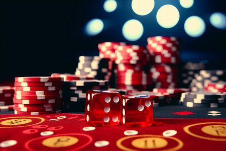 Luck and Excitement Unleashed: Rolling Red Dice on a Casino Table amidst a Mountain of Chipsの素材