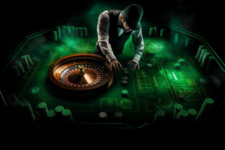 The Captivating Perspective: Glimpsing the Casino Croupier and the Green Roulette Wheelの素材