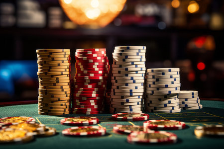 Gambling Excitement: A Towering Stack of Chips Beckons on the Roulette Table at 32 02762 02の素材