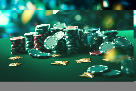 The Spectacular Cascade of Casino Chips on a Vibrant Green Tableの素材