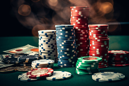 Gambling Extravaganza: A Wealthy Stash of Poker Chips, Money, and Cardsの素材