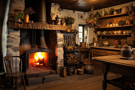Capturing the Nostalgic Charm: A Traditional Kitchen Featuring a Wood Fire Stove [AR 3:2]の素材
