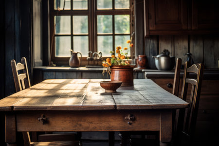 Captivating Kitchen Ambience: Enchanting Window Backdrop on a Rustic Wooden Table [AR 3:2]の素材