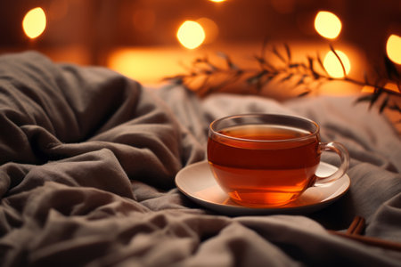 Blissful Morning: Savoring a Cup of Tea in Bed Amidst a Blurred Backgroundの素材