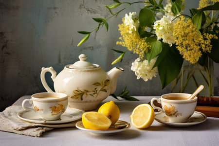 A Refreshing Blend: Lemon Tea, Fresh Flowers, and Herbal Infusions on a White Wooden Tableの素材