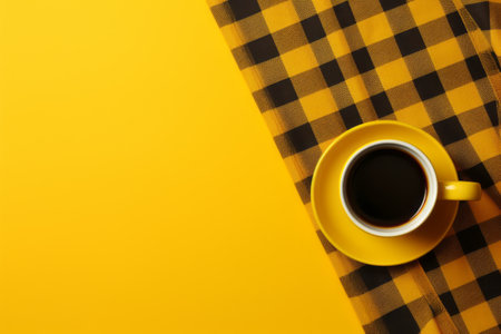 Coffee and Plaid: A Vibrant Top View on Yellow Background (AR 3:2)の素材