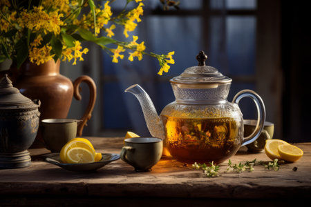 Delightful Blend: Aromatic Lemon Tea with Fresh Flowers, Herbs, and a Dash of Citrusの素材