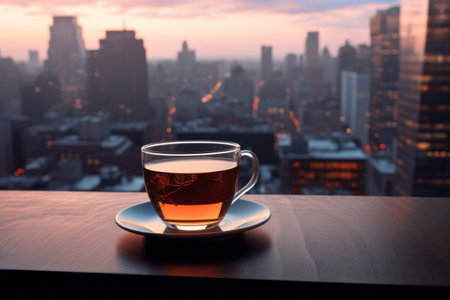 Coffee Break Amidst Urban Serenity: A 3:2 View of Tea in Cityscapeの素材