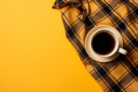 Caffeine Jolt in Cozy Comfort: A Top View of Coffee and Plaid on a Yellow Background - AR 3:2の素材