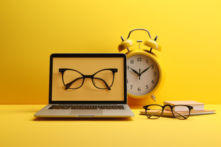 Productivity Essentials: A Laptop, Alarm Clock, and Glasses on a Vibrant Yellow Backgroundの素材