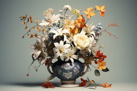 Blooming Beauty: AI-Generated Fresh Bouquet Gently Adorned in Exquisite Pottery Vase (AR 3:2)の素材