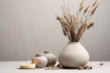 Nordic Elegance: A Soothing Arrangement of Dried Flowers, Vase, and Candles - AR 3:2の素材
