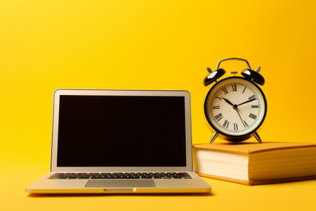 Modern Essentials: Laptop, Alarm Clock, and Glasses on Vibrant Yellow Backgroundの素材