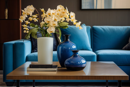 Serene Simplicity: A Blue Sofa and Floral Elegance in a Harmonious Living Roomの素材