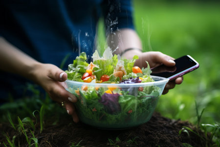 The Modern Woman: Embracing Technology and Healthy Eating at the Parkの素材