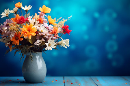 Serene Blooms: A Vibrant Vase of Flowers Illuminated by Blue Bokeh Delightの素材