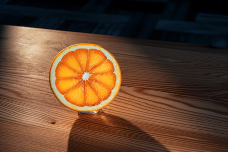 Revitalizing Citrus Delight: A Refreshing AI-Generated Image of Fresh Orange Slice and Drink on a Woの素材