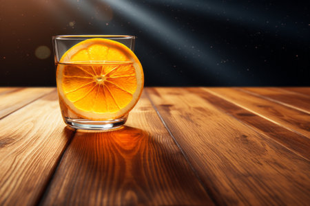 Savor the Citrus Delight: Refreshing Orange Slice on Wooden Table with Drink - AI-enhanced Compositiの素材