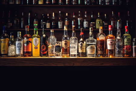 Perfectly Aligned: Aesthetic Alcohol Bottles Arrangement at Bar - AR 3:2の素材