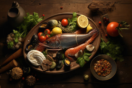 AI-Generated Rustic Plate: A Fusion of Fresh Seafood and Vibrant Vegetablesの素材