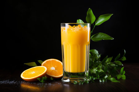 The Allure of Freshly Squeezed Orange Juice: Radiant in a Glass Against a Dark Backgroundの素材