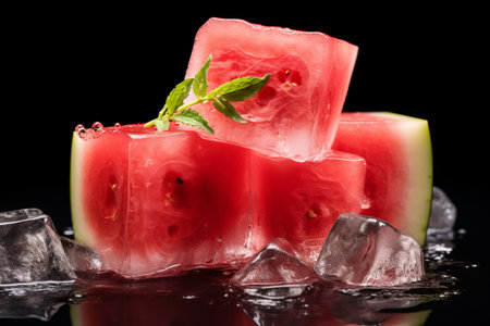 Refreshing Delight: Fresh Watermelon Perched on Glistening Ice Cubes AR 3:2の素材
