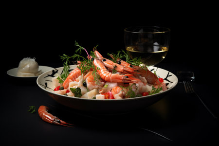 Savor the Delights: Artfully Presented Fresh Prawn and Seafood Feast on Gourmet Crockery, Crafted byの素材