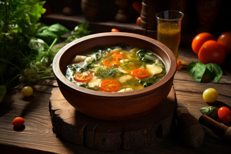 Nourishing Delight: Rustic Wooden Bowls Overflowing with Generative AI's Fresh Vegetable Soup (AR 3:の素材