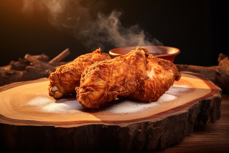 Artificial Intelligence Presents: Scrumptious Fried Chicken Leg on a Rustic Wooden Plate - AR 3:2の素材