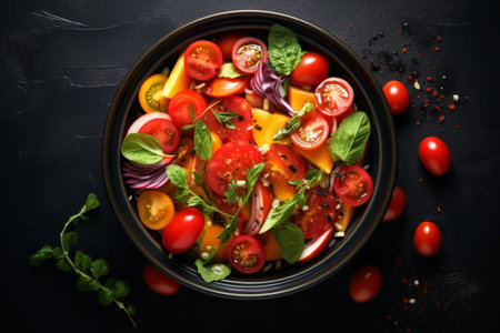 Harvest Delight: Unveiling a Fresh Vegetarian Bowl Bursting with Organic Tomato and Fruit, Curated bの素材