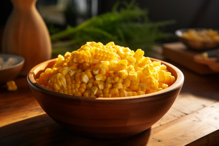 Corn Popcorn: The Ideal AI-Generated Movie-Time Snack in a Wooden Bowl!の素材