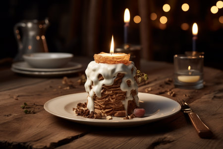 AI-Generated Exquisite Gourmet Dessert Illuminated by Candlelight on a Rustic Wooden Tableの素材