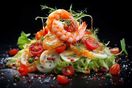 Ocean Delights: Artfully Crafted Seafood and Tomato Appetizer with Fresh Saladの素材
