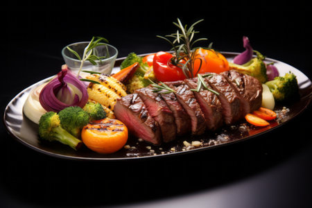 Savory Delight: AI-Generated Grilled Beef Fillet with Vegetable Appetizer Plate in a Striking 3:2 Prの素材