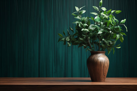 Nurturing Nature: A Generative AI's Creation of a 3:2 AR Green Foliage in Vase on Wooden Tableの素材