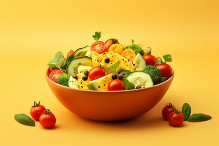 AI-Generated Fresh Vegetable Salad in a Vibrant Yellow Bowl: A Mouthwatering Delight!の素材