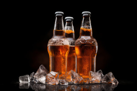 Frozen Tales: Exquisite Glass Bottles of Beer on Icy Darkness - AR 3:2の素材