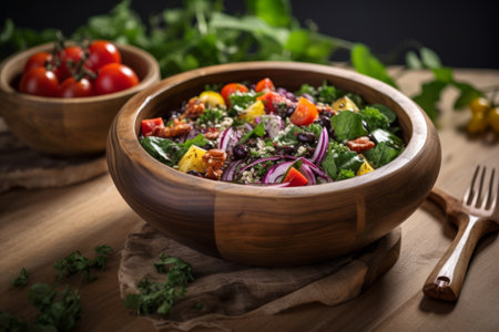 AI-Generated 3:2 Recipe: Fresh Vegetarian Salad Served in a Healthy Wooden Bowlの素材