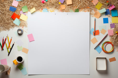Organized Chaos: Office Supplies Crowding Around a Blank Paper Sheet From Above - AR 3:2の素材