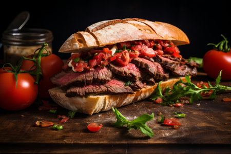 Satisfy Your Cravings with our Succulent Grilled Beef Ciabatta Sandwich: Infused with Savory Tomatoの素材