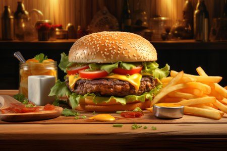 Savor the Gourmet: Indulging in a Delectable Cheeseburger and Golden Fries on a Rustic Wooden Tableの素材