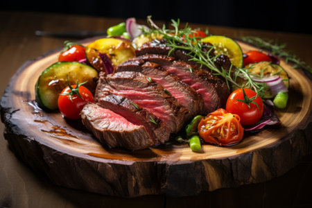 Savory Grilled Fillet Steak with Fresh Vegetable Salad on a Rustic Wood Platter (AI-generated AR 3:2の素材