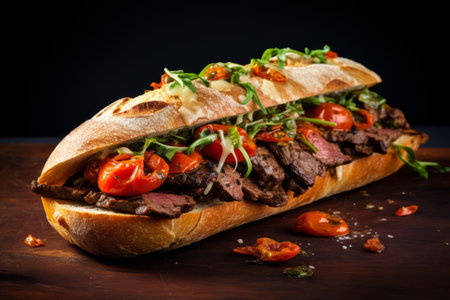 Ciabatta Delight: Savory Grilled Beef Sandwich with Tomato Generative AI Revolutionizes the Tastebudの素材