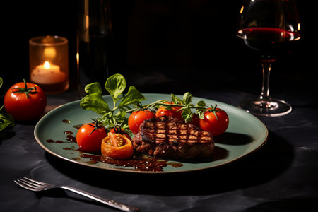 Deliciously Grilled Fillet Delight: A Savory Ai-Generated Meal with Tomato and Wine [3:2 Aspect Ratiの素材