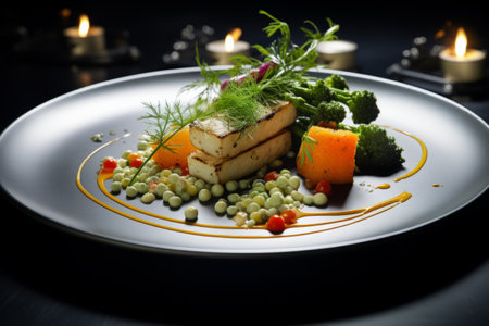 The Art of Gastronomy: Savory AI-Created Gourmet Meal on a Plate with Cooked Vegetables (AR 3:2)の素材