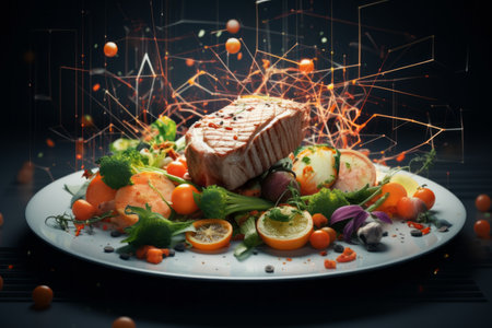 AI-Generated Gourmet Delight: A 3:2 Platter of Succulent Fresh Meat and Vibrant Vegetablesの素材