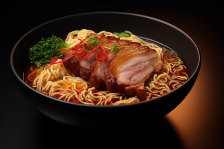 Savory Perfection: The Art of Gourmet Pork Ramen Noodles in Cooked Soup Bowl - AR 3:2の素材