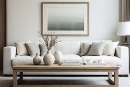 Captivating Contrast: A Serene Living Room Setting with a Gray Wooden Table and White Sofaの素材