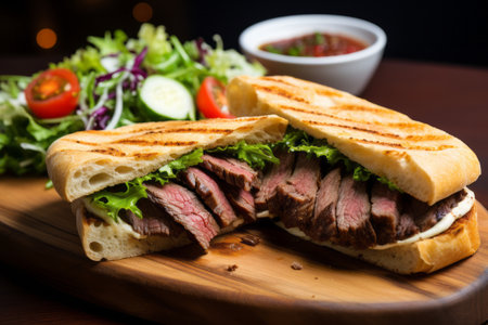 Gourmet Grilled Beef Ciabatta: A Savory AI-Created Delight with Salad.  Aspect Ratio: 3:2の素材